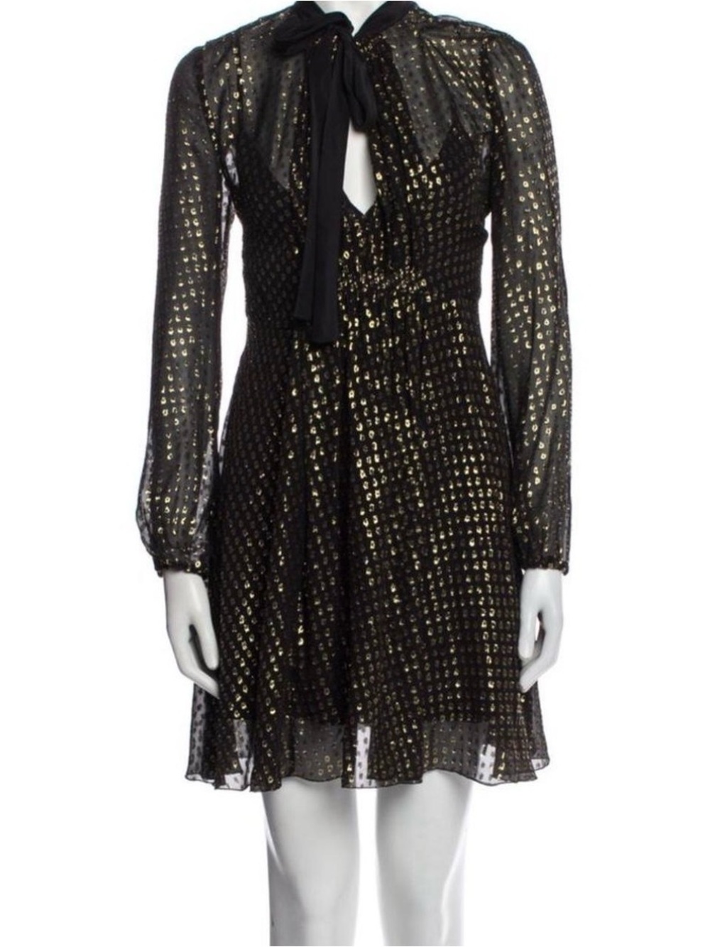 RED Valentino Black Dress with Gold Metallic Dot Tie-Neck